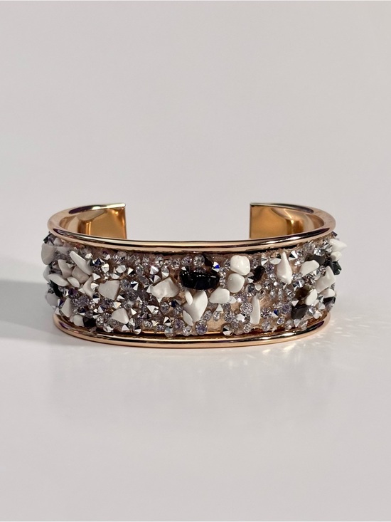 Hand Crafted Jewelry - Hand Crafted Gold-Tone Cuff with White & Black Bead Accents